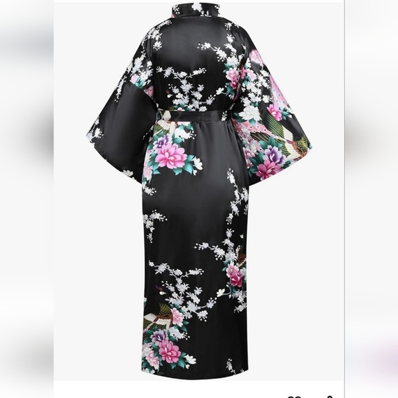 Costume kimono jacket geisha black with peacocks bow barrette belt Halloween 5XL - Picture 3 of 12